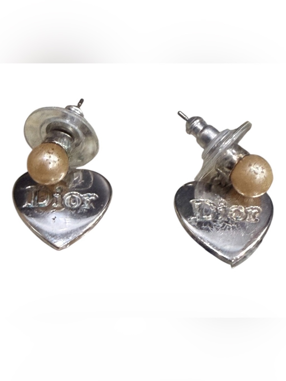 Dior Silver Tone Heart Stud Earrings with Faux Pearl Accent-Preowned